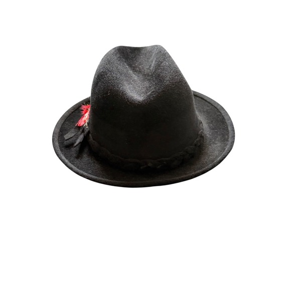 Mrs. Dewson's Hats Fedora Hat Black Red Feather Accent Size 6 7/8 Made in Canada - Picture 4 of 9